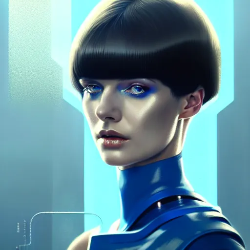 Image similar to woman with dark bobcut haircut with friendly blue eyes and slim features looking askance, cyberpunk bionics, retro - futurist style, intricate, elegant gleaming jewelry, angelic halo, highly detailed, digital painting, artstation, concept art, smooth, sharp focus, illustration, art by wlop, mars ravelo and greg rutkowski