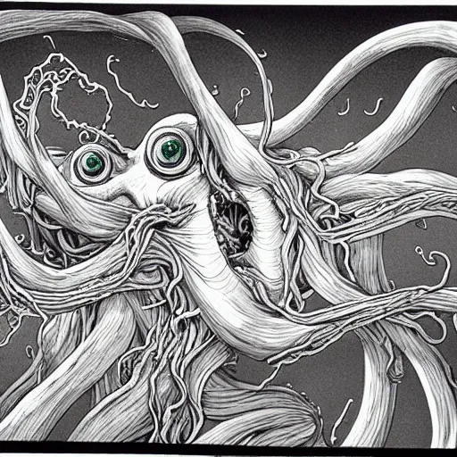 Image similar to a hyper detailed filmic wide shot 30mm color film photograph of a bundle of a dangerous gorey shape shifting alien creaturing spewing long worm-like spiney tendrils out of its snarling mouth, the tendrils are strangling and smothering a male 70-year-old doctor wearing a lab coat under dreary fluorescent lights, the walls are splattered with ketchup in the style of an HD horror film still from 1982