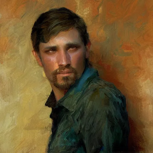 Prompt: a man with a shoulder length haircut, painting by Gaston Bussiere, Craig Mullins