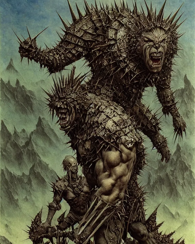 Prompt: A muscular, large fanged orc with pale skin covered in scars stands near the hills, wearing spiky, complex, detailed armor without a helmet. Extremely high detail, realistic, fantasy art, masterpiece, art by Zdzisław Beksiński, Arthur Rackham