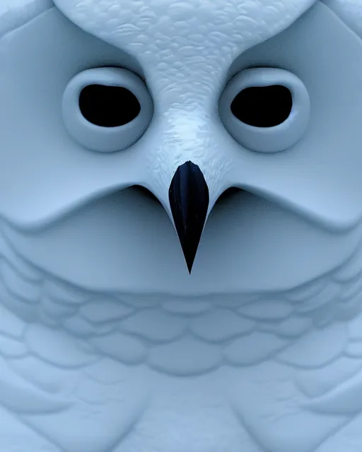 Image similar to closeup of a snow owls face, in the style of brian froud, digital art, unreal engine, volumetric lighting, dark moody lighting, post apocalyptic, 4 k