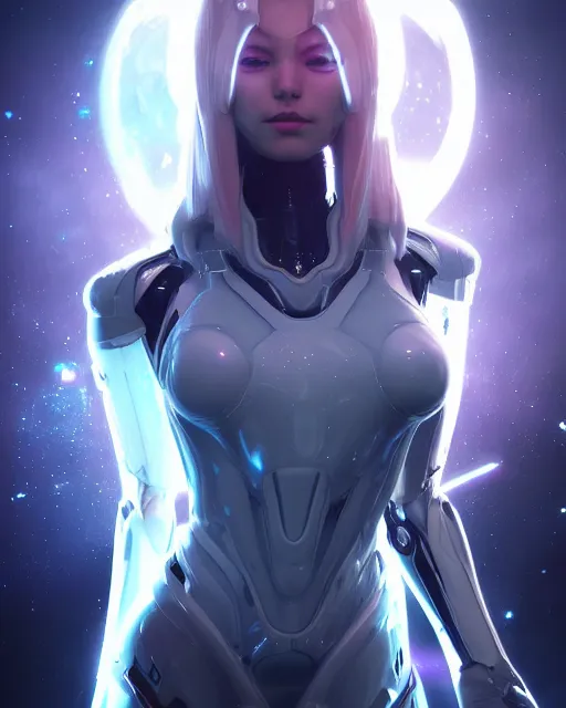 Image similar to perfect android girl on a mothership, warframe armor, beautiful face, scifi, futuristic, galaxy, nebula, raytracing, dreamy, long white hair, blue cyborg eyes, sharp focus, cinematic lighting, highly detailed, artstation, divine, by gauthier leblanc, kazuya takahashi, huifeng huang