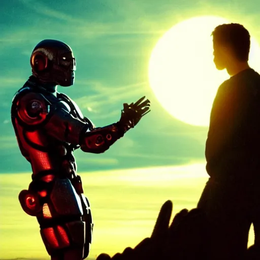 Prompt: movie still of cyborg looking at the sun, cinematic composition, cinematic light, criterion collection, by edgar wright