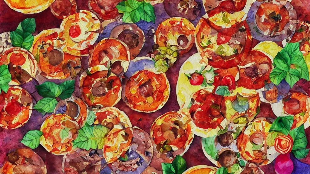 Prompt: maximalist delicious round pizza, by kseniia yeromenko, watercolor, illustration, zoomed out