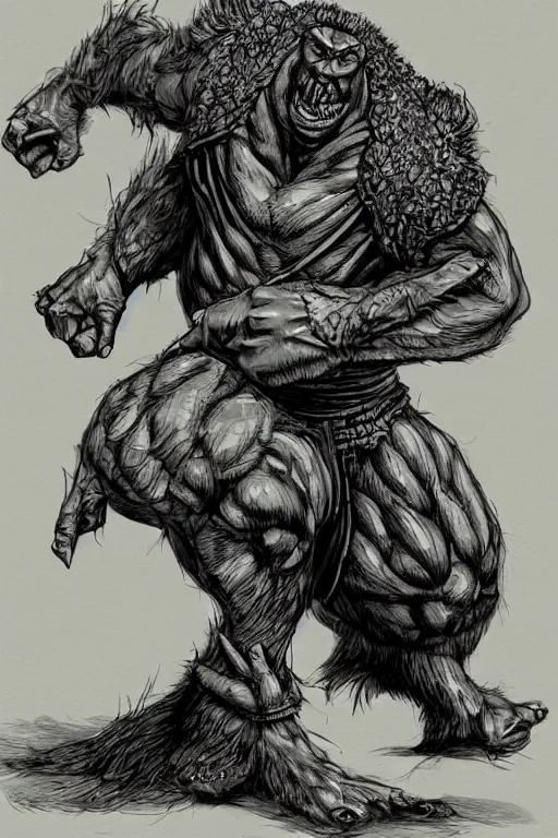 Image similar to hunched ogre with a horn on his head, highly detailed, digital art, sharp focus, trending on art station, kentaro miura manga art style