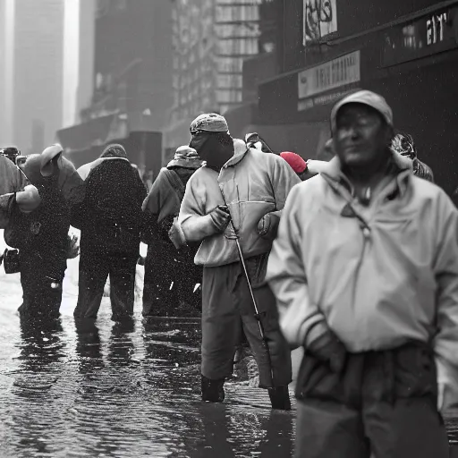 Prompt: closeup portrait of a group of fishermen trying to fish with fishing rods in between car traffic in rainy new york street, by David Lazar, natural light, detailed face, CANON Eos C300, ƒ1.8, 35mm, 8K, medium-format print