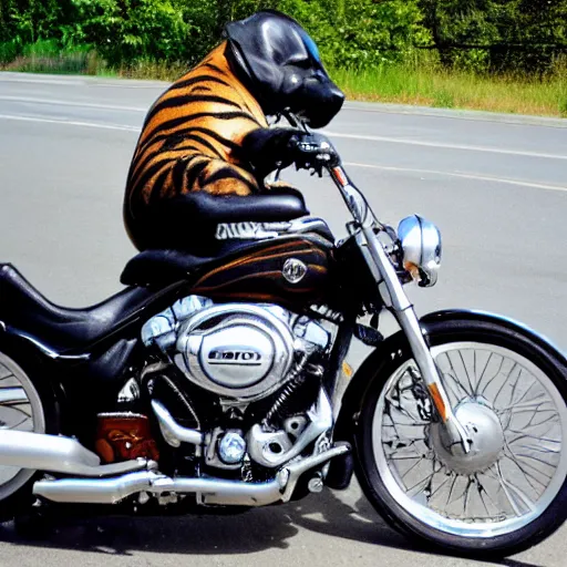 Image similar to tiger on a Harley Davidson on the road, funny picture