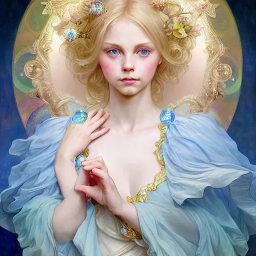 Image similar to portrait of magical little blond girl, dreamy and ethereal, blue eyes, peaceful expression, ornate frilly dress, fantasy, intricate, elegant, rainbow bubbles, highly detailed, digital painting, artstation, concept art, smooth, sharp focus, illustration, art by artgerm and greg rutkowski and alphonse mucha