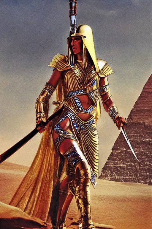 Prompt: beautiful Egyptian warrior woman wearing ceremonial garment and khopesh sword | in the desert | powerful scene | Terese Nielsen |