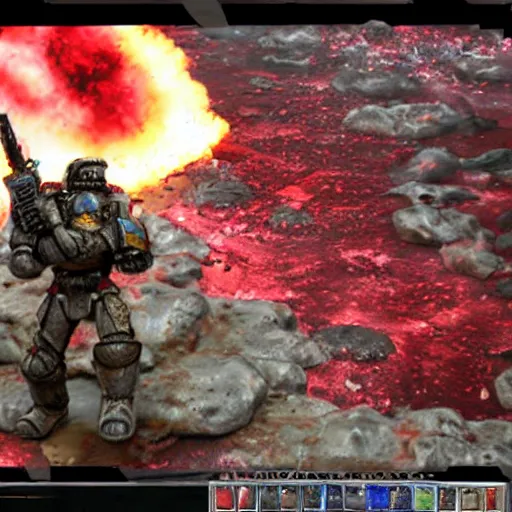 Prompt: heavy armor soldier wearing space marine like armor but in real life, walking in a river of blood full of human bloody dead bodies and human parts, shooting with his gun, explosions in background, painting style