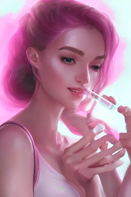 Prompt: Beautiful, Cute Woman Breathing Through a Handheld Pink Vapor Inhaler, side view, fantasy, magic, ultra detailed, digital art, trending on artstation, illustration