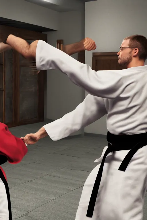 Prompt: Vengeance Dad meets Karate Kyle, Realistic, Hyperrealistic, 4k Resolution, 8k Resolution, Detailed, Very Detailed, Highly Detailed, HD Quality