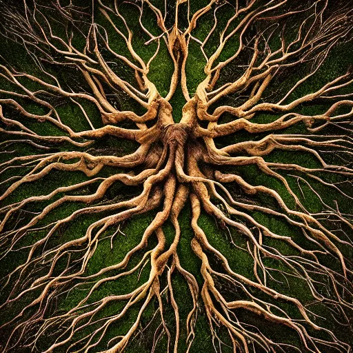 Prompt: full body pose, hyperrealistic photograph of roots of a tree made of bodies, dim volumetric lighting, 8 k, octane beautifully detailed render, extremely hyper detailed, intricate, epic composition, cinematic lighting, masterpiece, trending on artstation, very very detailed, stunning, hdr, smooth, sharp focus, high resolution, award, winning photo, dslr, 5 0 mm