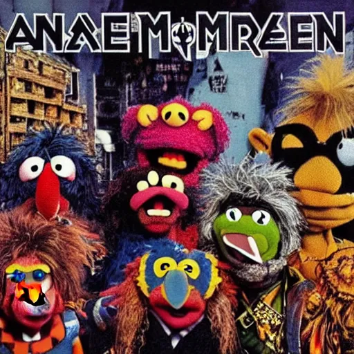 Image similar to animal the muppet on iron maiden album cover, 8 k resolution hyperdetailed scary dystopian surrealism