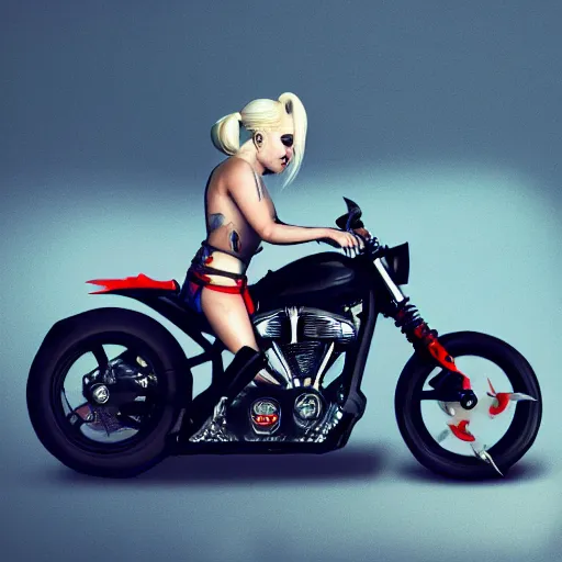 Image similar to Lady Gaga as real-life Harley Quinn riding a motorcycle, cinematic, Low angle, atmospheric fog and lighting, directed by Michael Bay, high detail, 8K, movie still, trending on artstation