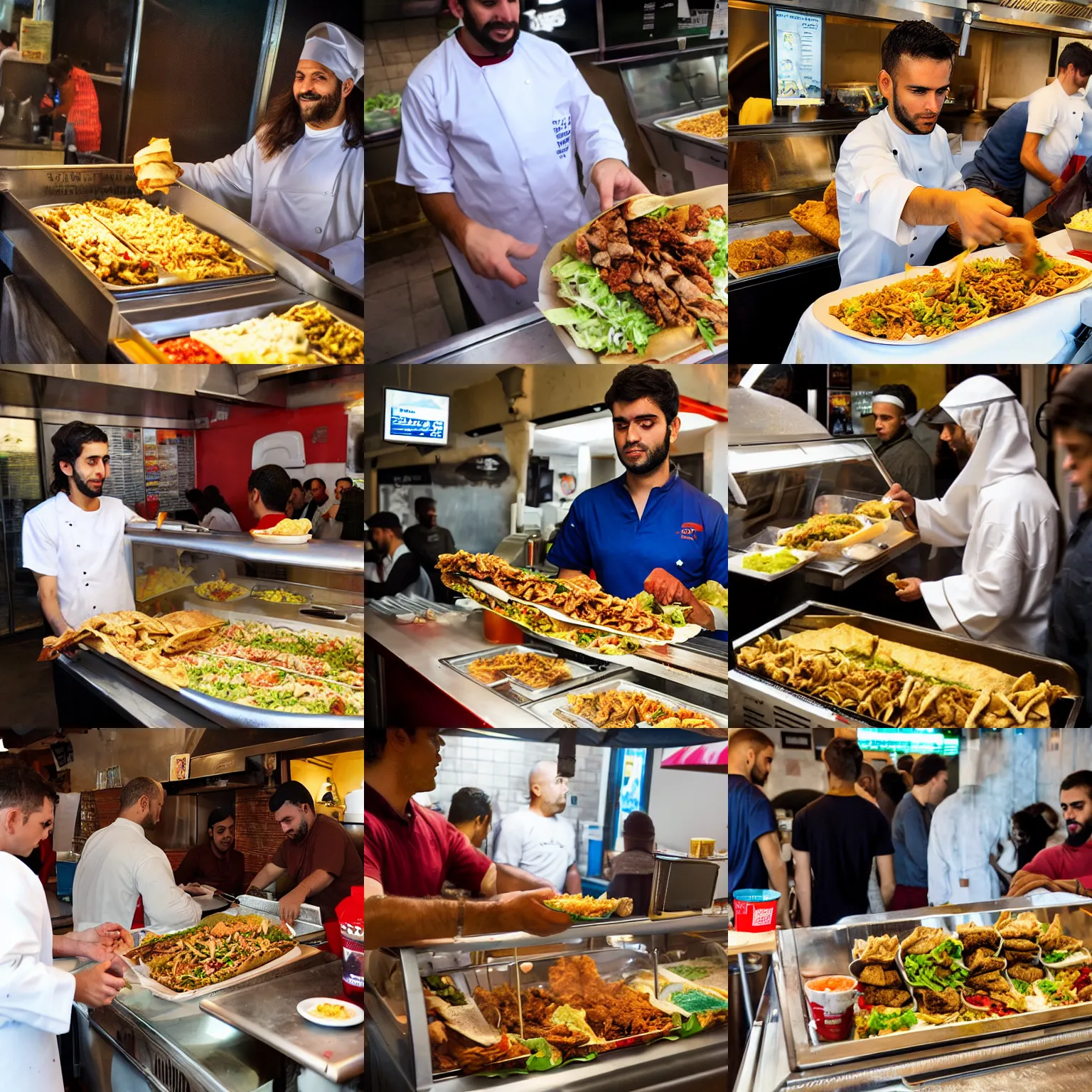 Prompt: Jesus Christ serving customers shawarma, photograph