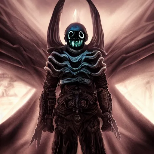 Image similar to photorealistic dark fantasy concept art of nightmare sans with his eye glowing, dynamic lighting, stunning visuals, ray tracing, beautiful scenery, cinematic, full body portrait, ultra detailed, hyper detail