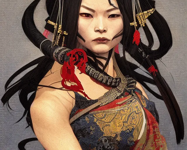 Prompt: oni samurai japanese style, face, fantasy, intricate, elegant, highly detailed, digital painting, artstation, concept art, smooth, sharp focus, illustration, artstation, cgsociety, art by artgerm and greg rutkowski and alphonse mucha