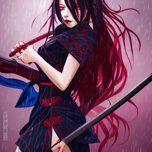 Image similar to seductive female vampire holding a bloodied katana, in the rain, highly detailed, painting, dark red and azure blue and black color palette, intricate, high quality anime artstyle, in the style of sana takeda