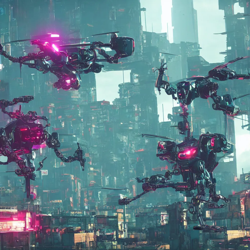 Prompt: evil cyberdrone, punkdrone, looming drone, hovering drone, deadly drone, Cyberpunk 2077. CP2077. 3840 x 2160