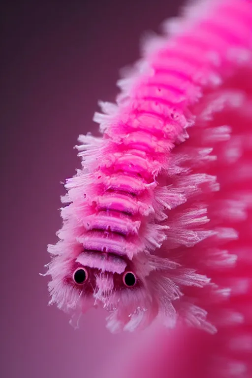 Image similar to high quality macro close-up translucent fluffy caterpillar! gorgeous highly detailed hannah yata elson peter cinematic pink lighting high quality low angle hd 8k sharp shallow depth of field