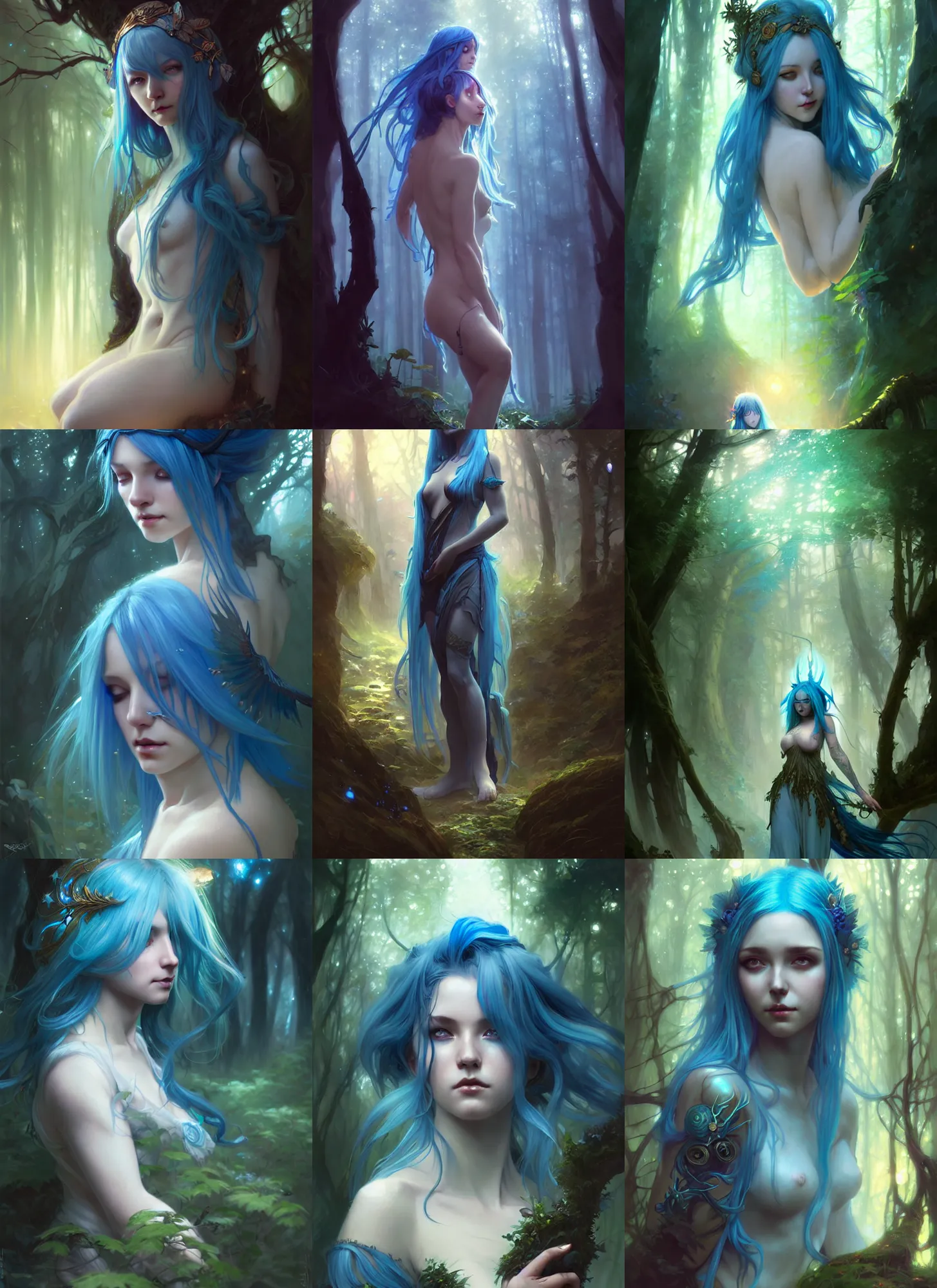 Image similar to stunningly beautiful female blue hair, fantasy art, fae priestess, lush forest landscape, dark light night, sharp focus, digital painting, 4 k, concept art, art by wlop, artgerm, greg rutkowski and alphonse mucha