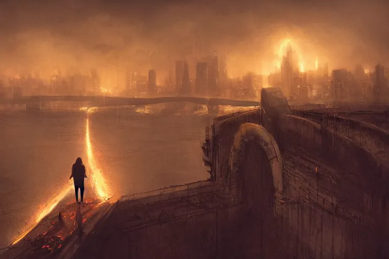 Prompt: a lonely woman stands alone on a dark bridge, overlooking a city that is engulfed in flames below her, digital art, 3 d modeling, light painting, night scene, atmospheric, surrealist, apocalyptic, apocalypse, illustrated by greg rutkowski, max hay