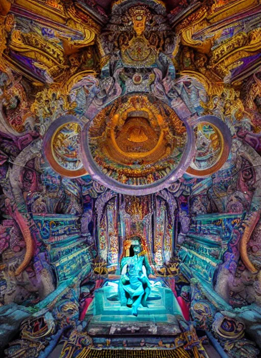 Image similar to breathtakingly beautiful ultrawide angle colour masterpiece weird dream, low angle view from inside a hindu temple, hindu goddess close shot, strange beautiful derelict temple, incredible sense of depth and perspective and clarity, arch, symmetry symmetrical, h. r. giger and alex grey and hiroshi yoshida and moebius and studio ghibli, 8 k