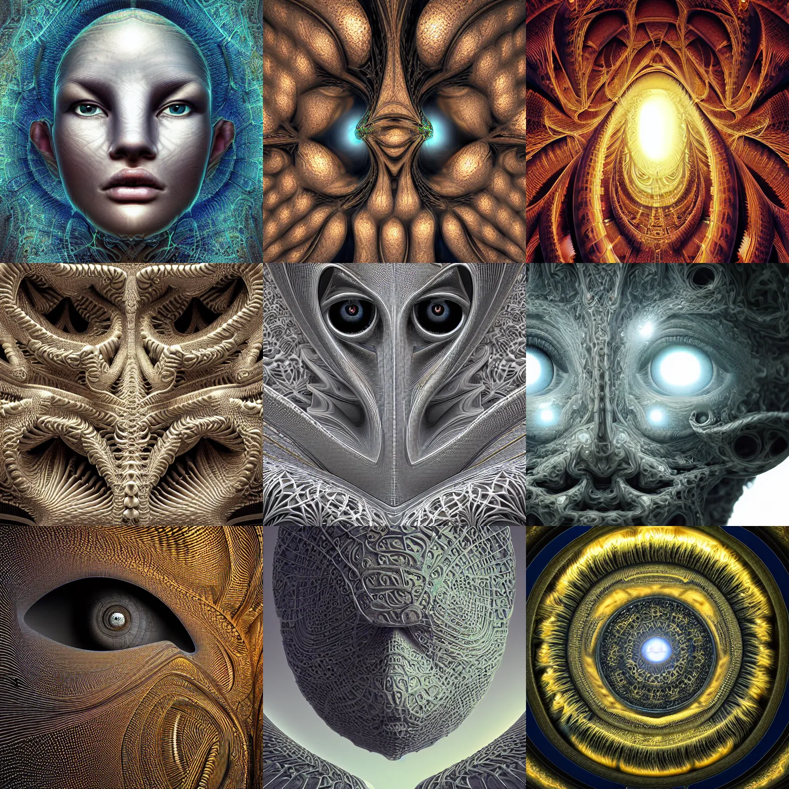 Prompt: eyes , sculpture, mandelbrot fractal, intricate, elegant, highly detailed, symmetrical, ornate, elegant , luxury, beautifully lit, ray trace, octane render, dramatic light, low angle shot, lens distortion, chromatic aberration, close up, muted colors, in the style of Romero Ressendi, peter Gric and alex grey