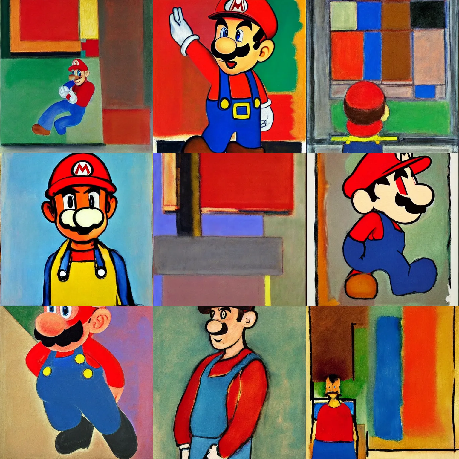 Prompt: Mario painting by Diebenkorn, colors by Mark Rothko, melting oil