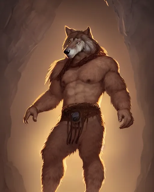 Image similar to burly tough character feature portrait of the anthro male anthropomorphic wolf fursona animal person wearing tribal primitive caveman loincloth outfit belt standing in the entrance to the cave, center framed character design stylized by charlie bowater, ross tran, artgerm, makoto shinkai, detailed, soft lighting, rendered in octane