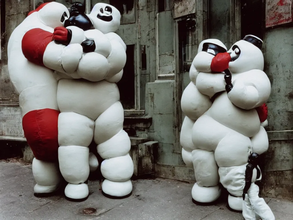 Prompt: 3 5 mm kodachrome colour photography of michelin man and stay - puft marshmallow man kissing each other, in love, taken by harry gruyaert