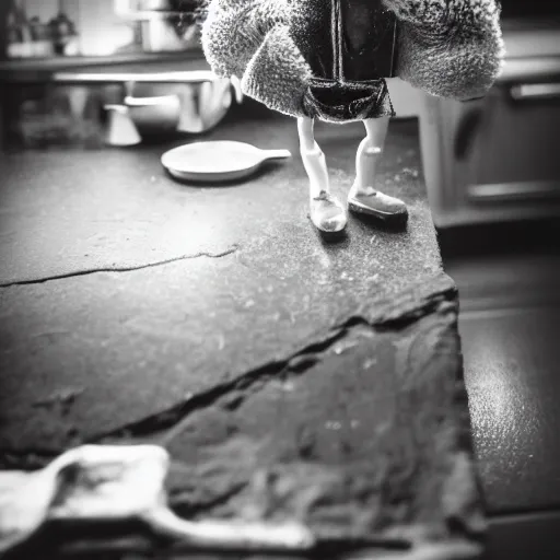 Image similar to macro photography focused on a miniature figure on a countertop. The background is the rest of the kitchen. The mid ground is a dramatic highway bridge that connects the vintage fridge to the counter. Award winning photo.