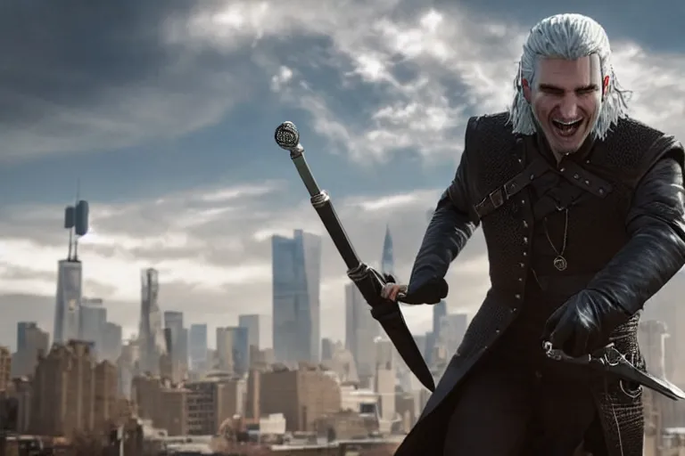 Prompt: vfx movie closeup modern suave handsome grinning vampire with long white hair, trench coat, dual wielding large revolvers, leaping into the air, low gravity in a shattered reality of new york city, cool aviators witcher show and game of thrones in new york by emmanuel lubezki