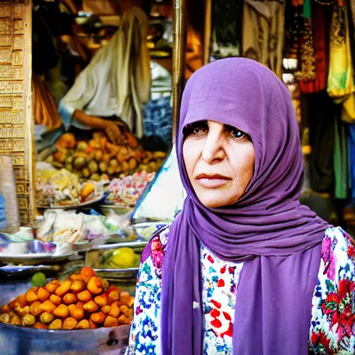 Image similar to a character portrait color photo of an iranian woman at the bazaar, wide shot, perfect face, hopeful, photojournalism, war photography, adobe, canon, nikon, flickr contest winner, neo-expressionism, art photography, industrial background, hyperrealism, chiaroscuro, anamorphic lens flare, elegant, shallow depth of field, haze, volumetric lighting, photo taken with provia, 24mm, f1.8, by Filip Hodas, by Andrew Domachowski