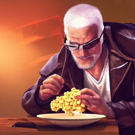 Prompt: jc denton from deus ex eats cereal at a table near liberty island, high quality, photorealistic, highly detailed, 4 k, hd