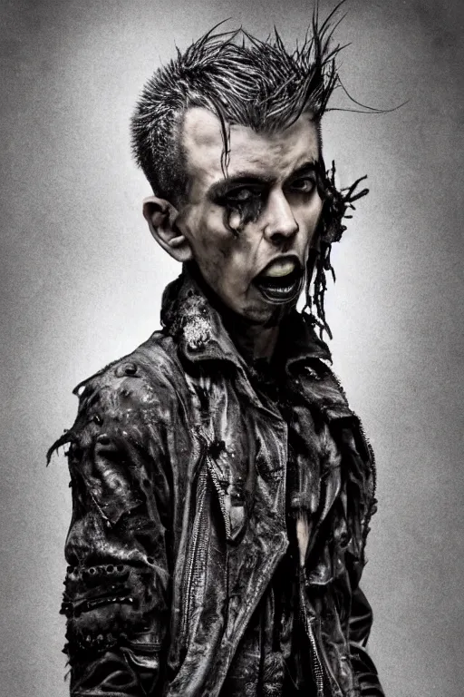 Image similar to a rough ugly young man, shaved head, punk, tattered leather coat, intricate, elegant, dramatic lighting, ugly face, highly detailed, lifelike, photorealistic, digital painting, artstation, illustration, concept art, smooth, sharp focus, art by John Collier and Albert Aublet and Krenz Cushart and Artem Demura and Alphonse Mucha