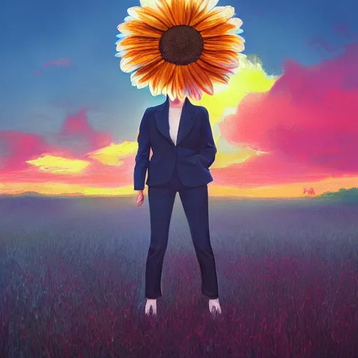 Image similar to giant daisy flower over head, frontal, a girl in a suit, surreal photography, sunrise, dramatic light, impressionist painting, digital painting, artstation, simon stalenhag