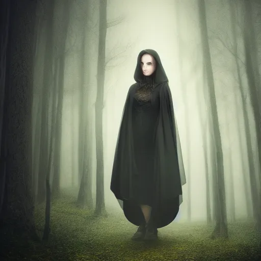 Image similar to a high detailed photo of a lady in a dark cloak suspended in mid air, ancient forest, mist, 35mm, photorealistic, realistic, deviantart, gloomy atmosphere, high definition