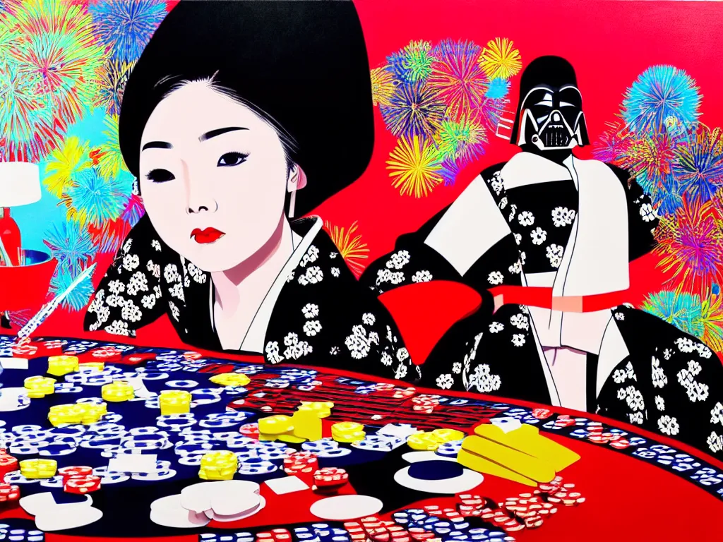 Prompt: hyperrealistic composition of the detailed woman in a japanese kimono sitting at a poker table with detailed darth vader, fireworks, beautiful mountain in the background, pop - art style, jacky tsai style, andy warhol style, acrylic on canvas