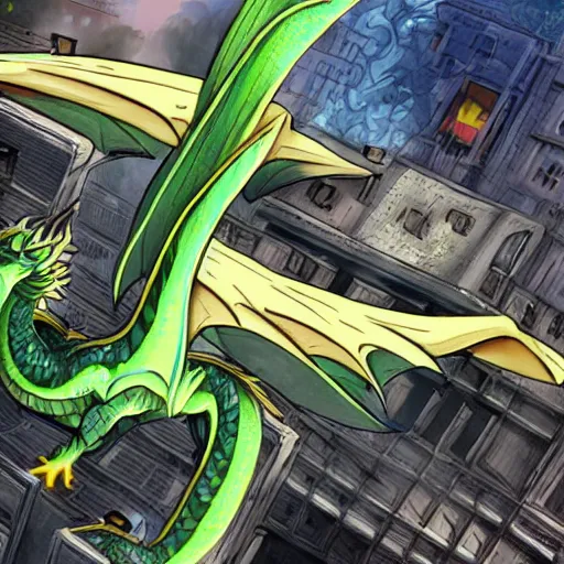 Prompt: green dragon flying over a burning city anime style trending in artstation