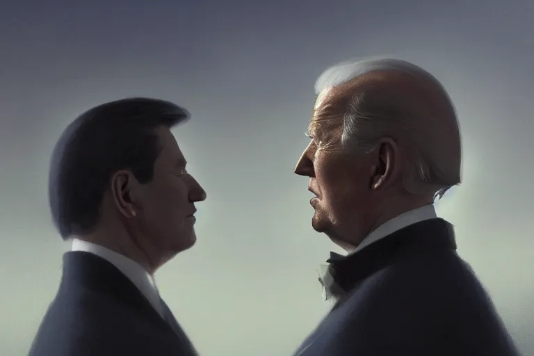 Image similar to Trump and Biden!!!!! , portrait, close shot, dark makeup, dark crown with magical ruby, painting by Studio Ghibli, Ivan Aivazovsky and Greg Rutkowski, artstation, fantasy, intricate, beautiful, cinematic, octane render, arnold render, 8k, hyper realism, detailed, sharp focus, 4k uhd, masterpiece, award winning