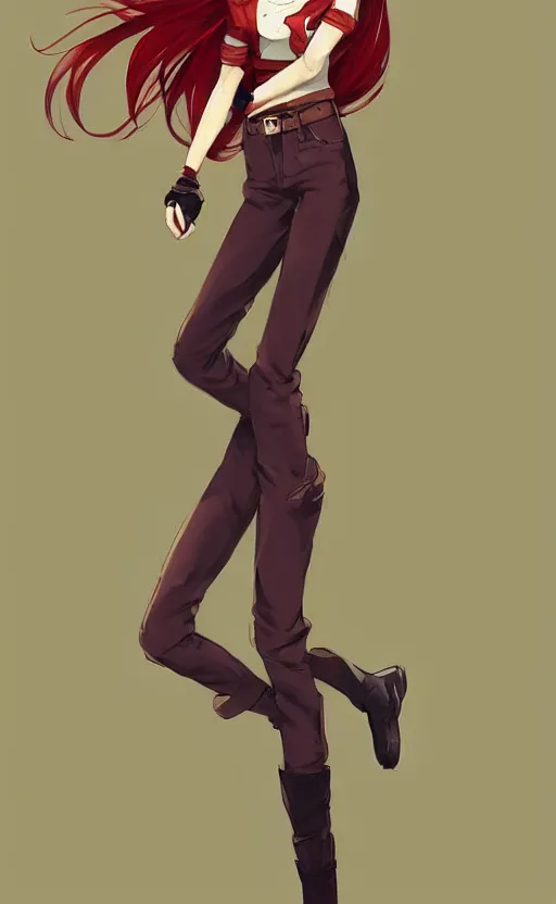 Prompt: full-body shot of an attractive tomboy girl with long, crimson red hair and red eyes, wearing a brown, open jacket and green jeans with a stern look, midriff, concept art, character design, by WLOP, by Tomine, by Kon, Satoshi, by Leyendecker