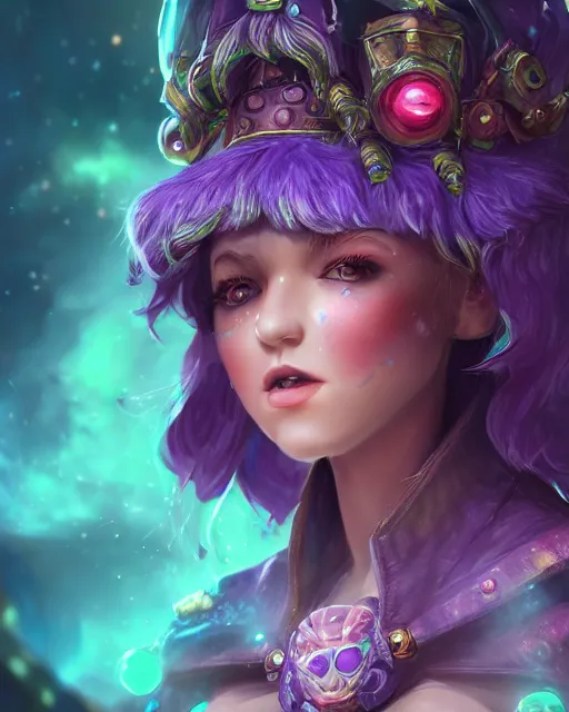 Image similar to ultradetailed rpg character portrait of a cute nebulapunk witch, digital art,, intricate, sharp focus, trending on artstation hq, deviantart, volumetric lighting, unreal engine, octane render