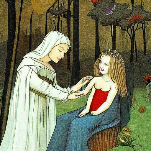 Prompt: “ sensual nurse treating medieval child girl in a fantasy forest, artwork ”