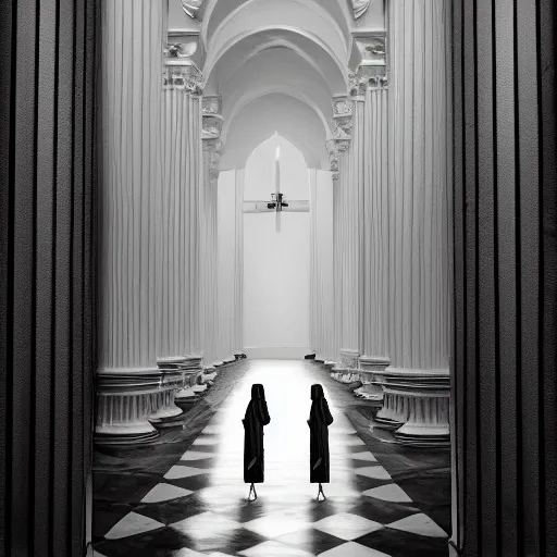 Image similar to nightmare vision, medium depth of field. black and white, award winning photo of smiling levitating twin nuns, wearing translucent sheet, Mary in a sanctuary, mirror hallways, eerie, tall columns, faces emerging from columns, frightening —width 1024 —height 1024