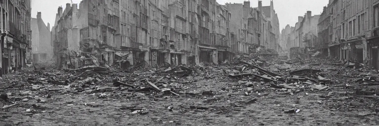 Prompt: a colour photo of the street of saint - malo after being bombed in 1 9 4 5 at night