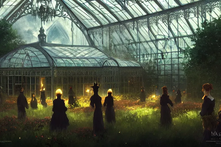 Image similar to an ornate victorian greenhouse, dark satanic ritual in front, scene in an open field. 1 8 9 0, key visual, conceptart, ambient lighting, highly detailed, digital painting, artstation, concept art, sharp focus, by makoto shinkai and akihiko yoshida and greg manchess