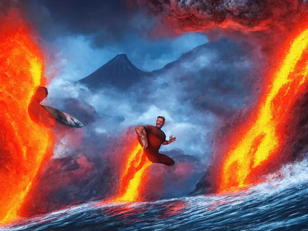 Image similar to portrait of a arnold schwarzenegger surfing inside erupting volcano, lava splashes, stunning scene, 8 k, extremely detailed digital painting, depth, bright colors, trending on artstation