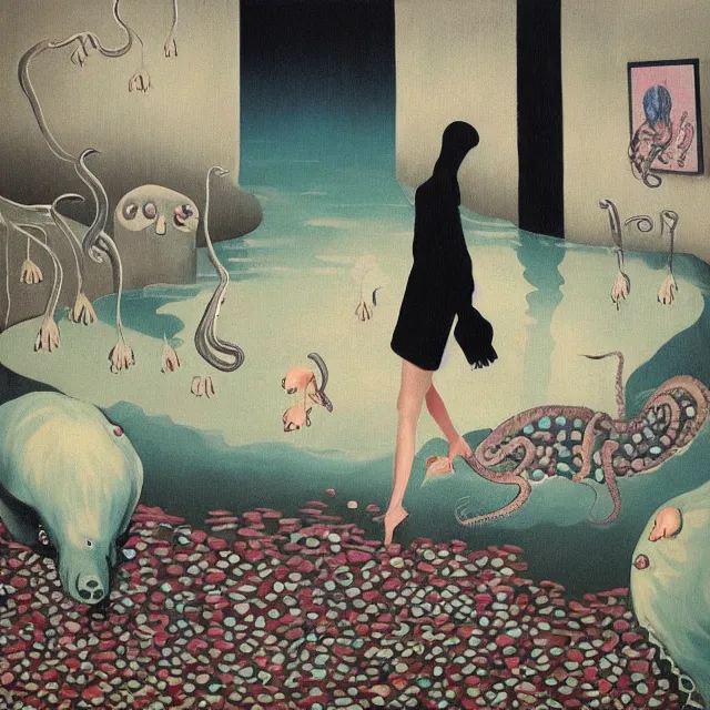 Image similar to tall female emo artist holding an octopus in a flooded cafe, bagels, pigs, water gushing from ceiling, painting of flood waters inside a cafe, a river flooding indoors, pomegranates, pigs, ikebana, water, octopus, river, rapids, waterfall, black swans, zen, canoe, berries, acrylic on canvas, surrealist, by magritte and monet